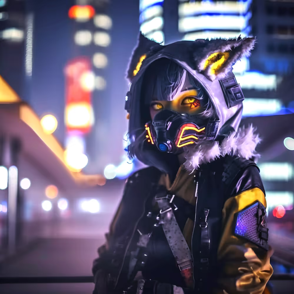 ネオン街に立つKISARAGI NFTキャラクター